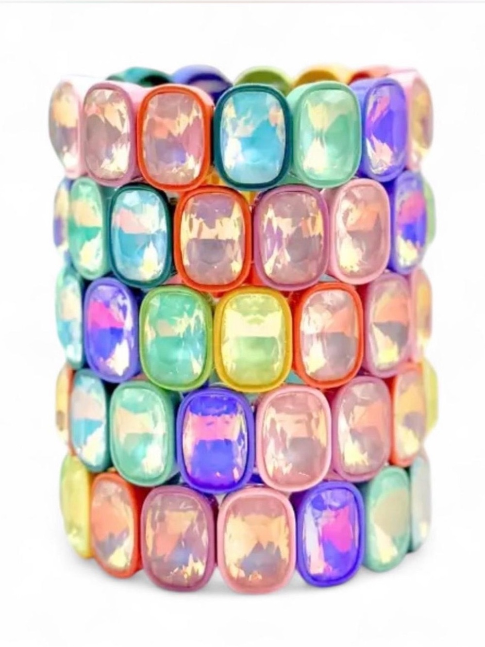 Hollis Pastel Candy Rainbow Multi-Colored Oval Stretch Gem Jeweled Bracelet